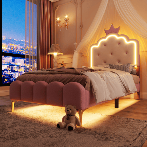 Cama estofada 90x200 cm com LED - Pele sintética - com estrado de molas - Rosa
