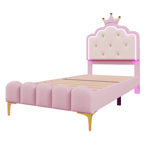 Cama estofada 90x200 cm com LED - Pele sintética - com estrado de molas - Rosa