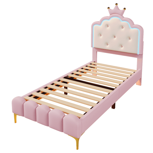 Cama estofada 90x200 cm com LED - Pele sintética - com estrado de molas - Rosa