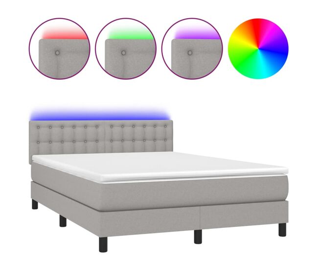 Cama box spring colchón y luces led tela gris claro 140x190 cm botones