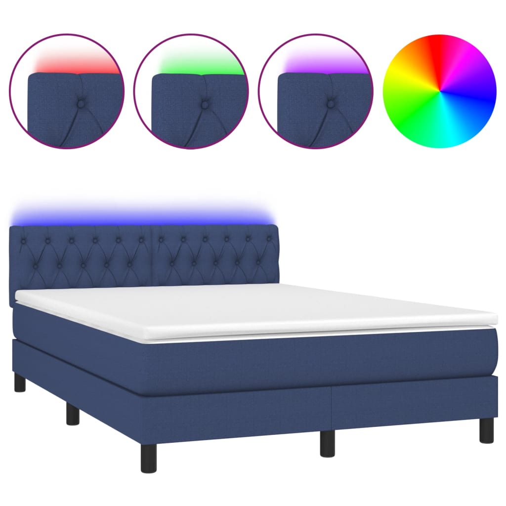 Cama box spring colchón y luces led tela azul 140x200 cm diseño de botones