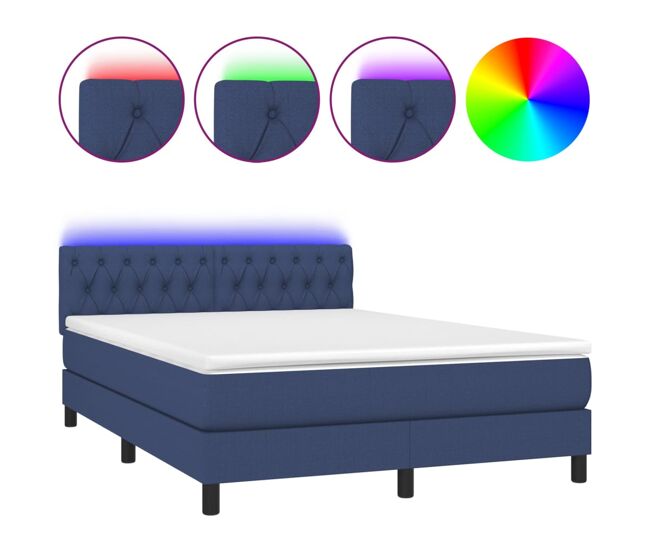 Cama box spring colchón y luces led tela azul 140x200 cm diseño de botones