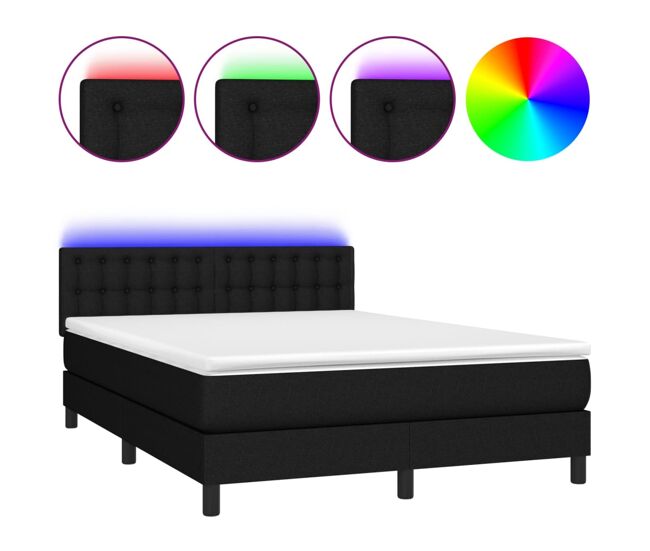 Cama box spring colchón y luces led tela negro 140x190 cm botones