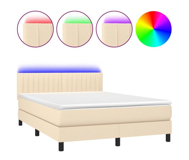 Cama box spring colchón y luces led tela crema 140x190 cm rayas verticales