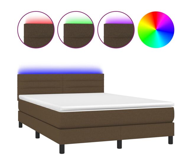 Cama box spring colchón luces led tela marrón oscuro 140x190 cm rayas horizontales