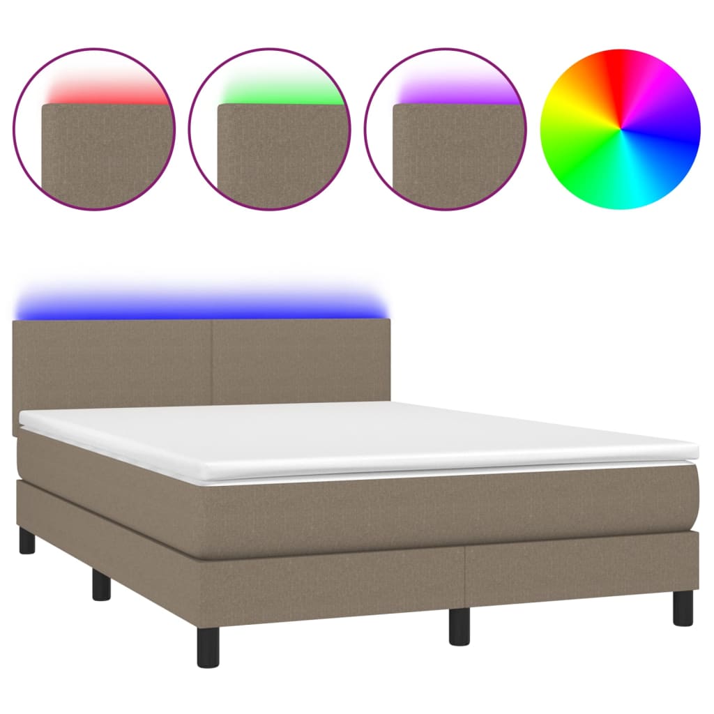 Cama box spring con colchón led tela gris taupe 140x190 cm diseño plano