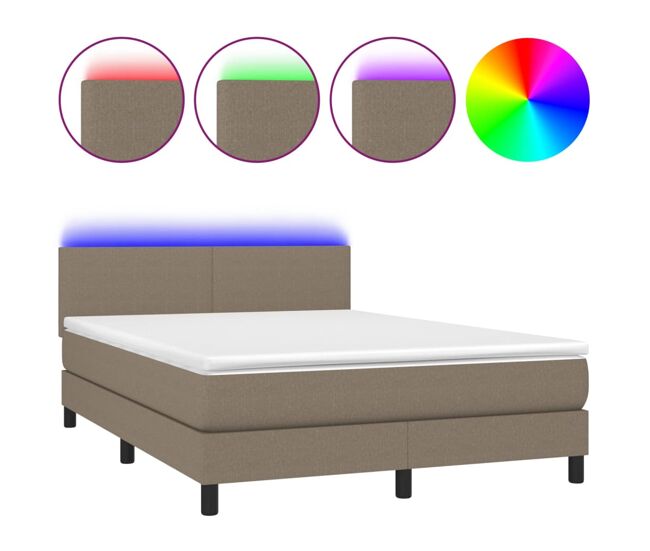 Cama box spring con colchón led tela gris taupe 140x190 cm diseño plano