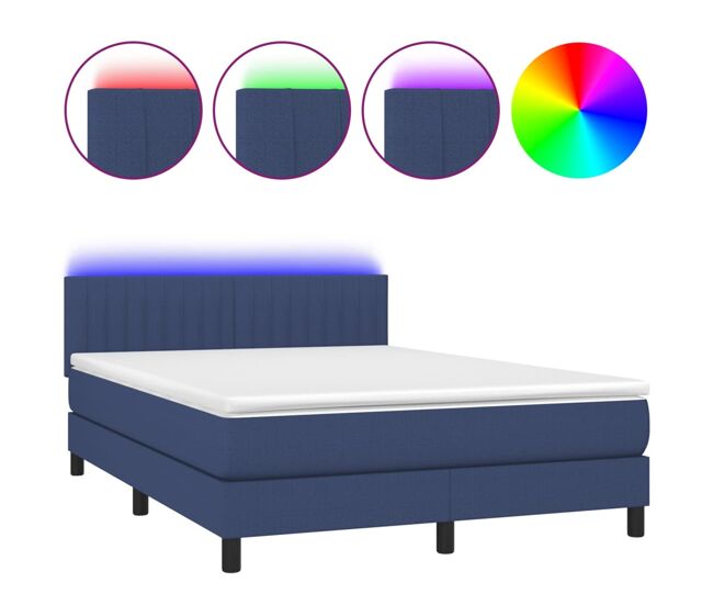 Cama box spring colchón y luces led tela azul 140x200 cm rayas verticales