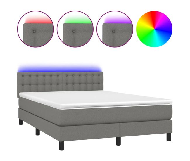 Cama box spring colchón y luces led tela gris oscuro 140x200 cm botones