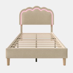 Cama estofada em linho 90x190 cm - com LED e estrado - Bege