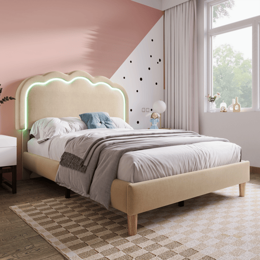 Cama estofada em linho 90x190 cm - com LED e estrado - Bege Cama estofada em linho 90x190 cm - com LED e estrado - Bege