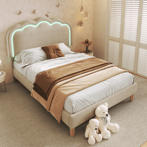 Cama estofada em linho 90x190 cm - com LED e estrado - Bege Cama estofada em linho 90x190 cm - com LED e estrado - Bege
