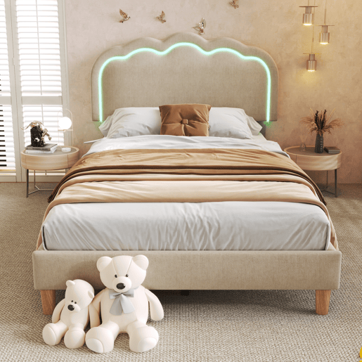 Cama estofada em linho 90x190 cm - com LED e estrado - Bege Cama estofada em linho 90x190 cm - com LED e estrado - Bege