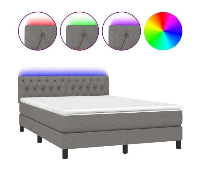 Cama box spring colchón y luces led tela gris oscuro 140x190 cm diseño de botones