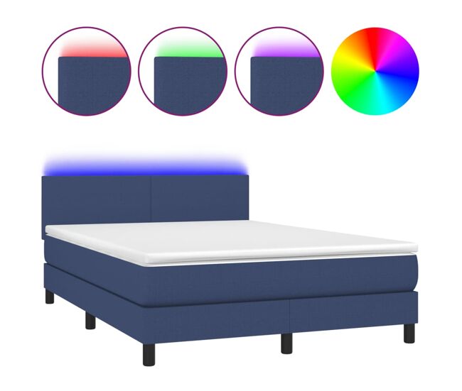Cama box spring con colchón y led tela azul 140x190 cm diseño plano