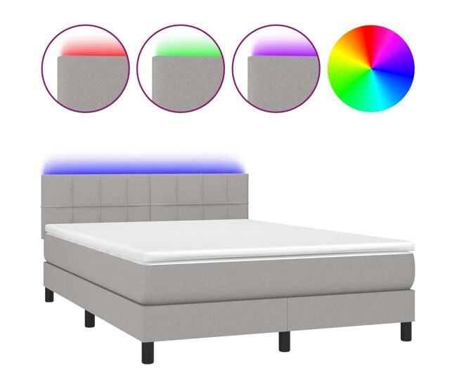 Cama box spring colchón y luces led tela gris claro 140x200 cm bloques con cuadros