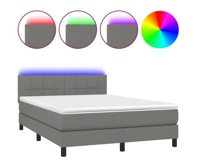 Cama box spring colchón y luces led tela gris oscuro 140x200 cm bloques con cuadros