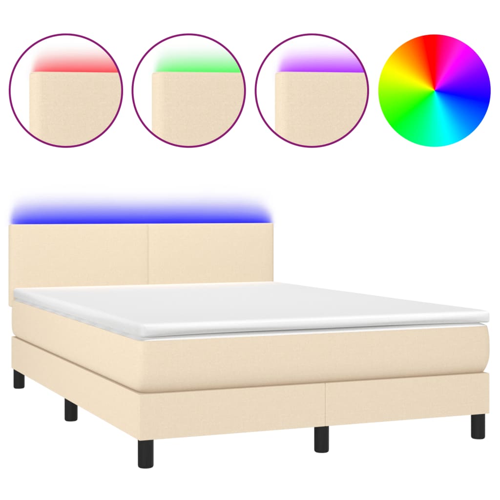 Cama box spring con colchón y led tela crema 140x190 cm diseño plano