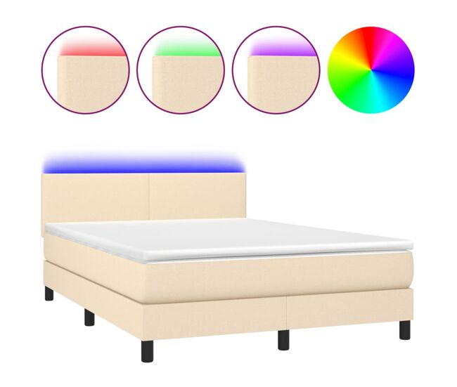 Cama box spring con colchón y led tela crema 140x190 cm diseño plano