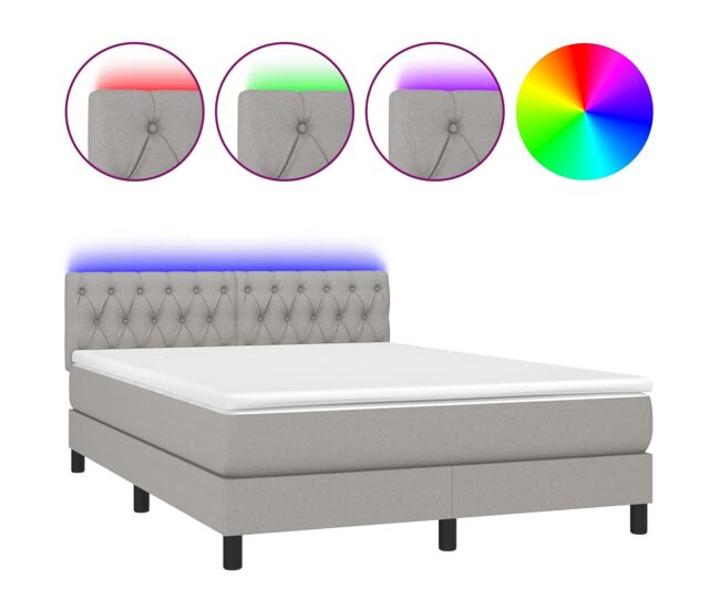 Cama box spring colchón y luces led tela gris claro 140x200 cm diseño de botones