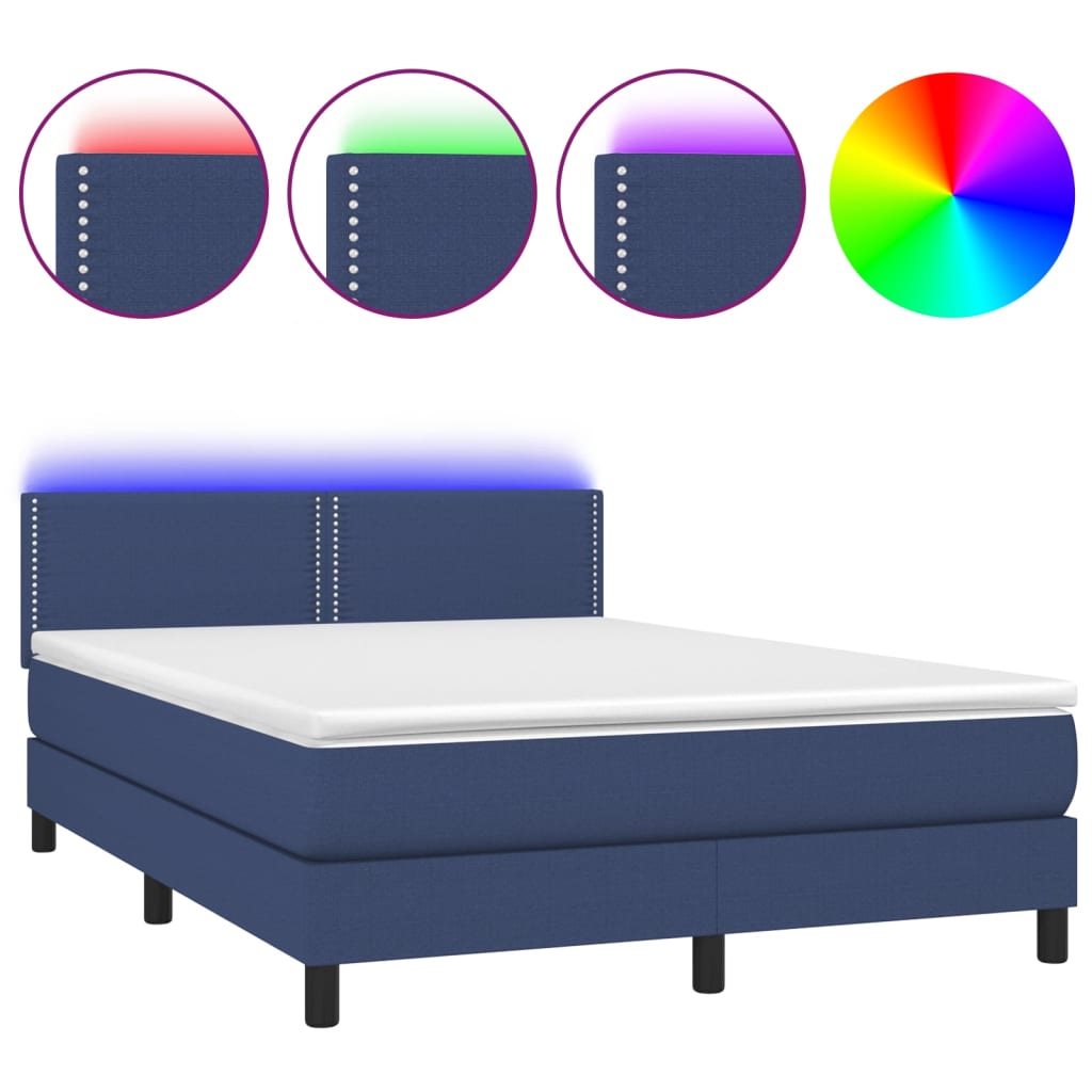 cama box spring colchon y luces led tela azul 140x190 cm liso con clavos
