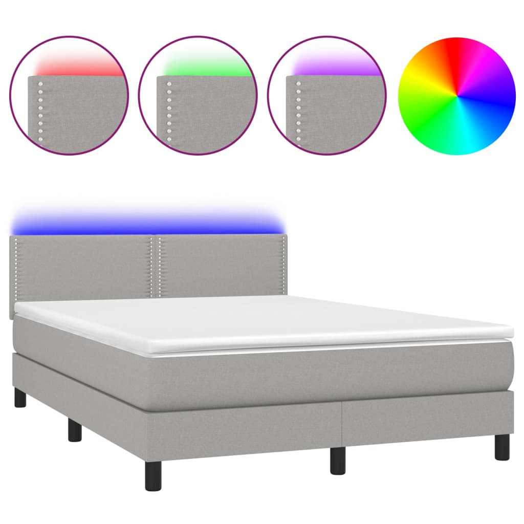 Cama box spring colchón y luces led tela gris claro 140x190 cm liso con clavos