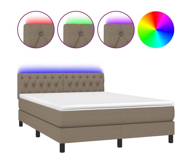 Cama box spring colchón y luces led tela gris taupe 140x200 cm diseño de botones