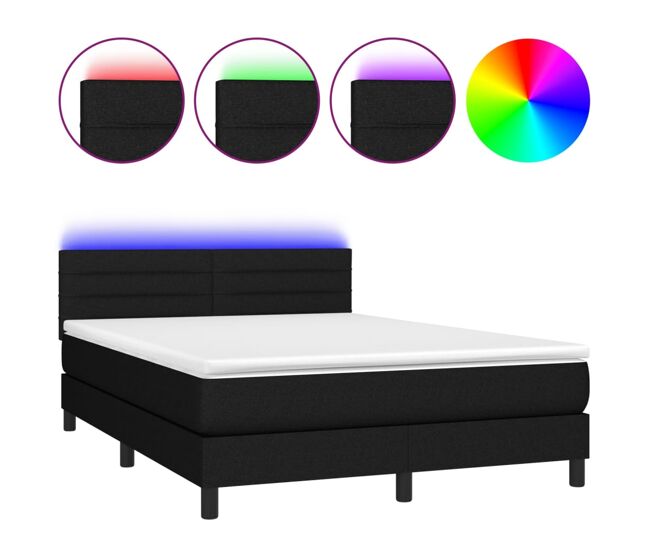 Cama box spring colchón y luces led tela negro 140x200 cm rayas horizontales