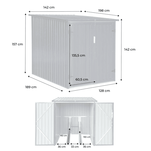 Abrigo para bicicleta em aço galvanizado com kit de ancoragem, 2 bicicletas, Nave, Cinza, 142x198x157 cm