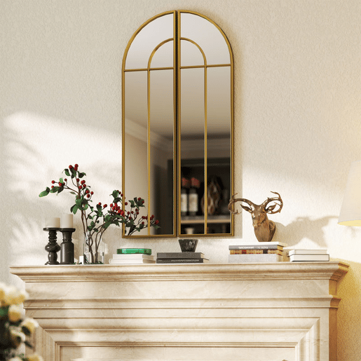 HOMCOM Espelho Decorativo de Parede com 2 Peças 30x120 cm Espelho em Forma de Arco e Estrutura de Metal Espelho para Sala de Estar Dormitório Entrada Dourado