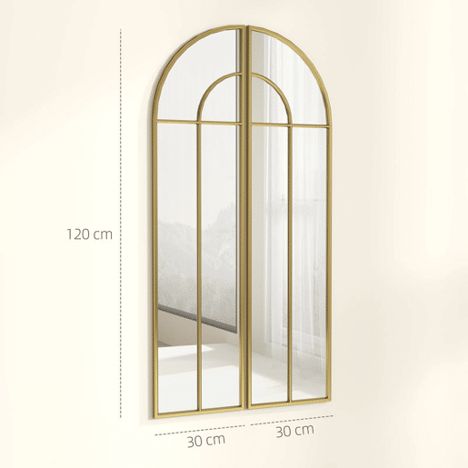 HOMCOM Espelho Decorativo de Parede com 2 Peças 30x120 cm Espelho em Forma de Arco e Estrutura de Metal Espelho para Sala de Estar Dormitório Entrada Dourado