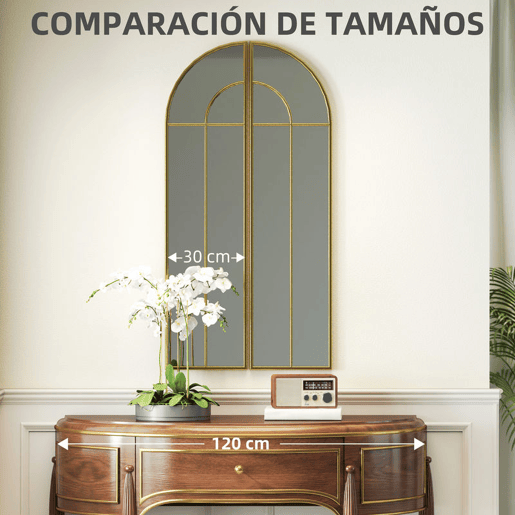 HOMCOM Espelho Decorativo de Parede com 2 Peças 30x120 cm Espelho em Forma de Arco e Estrutura de Metal Espelho para Sala de Estar Dormitório Entrada Dourado