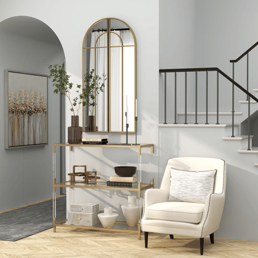 HOMCOM Espelho Decorativo de Parede com 2 Peças 30x120 cm Espelho em Forma de Arco e Estrutura de Metal Espelho para Sala de Estar Dormitório Entrada Dourado