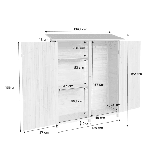 Abrigo de jardim de 140 cm em madeira de abeto, 4 espaços de arrumação, Aubepine, Madeira, 140x50x162 cm