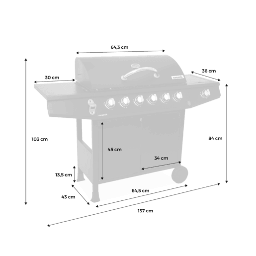 Churrasqueira a gás de 7 queimadores com 1 fogo lateral, Treville 7, Preto, 137.5x43.5x103 cm