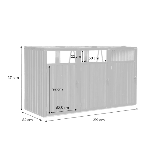 Abrigo para caixote do lixo em aço galvanizado cinzento, Escaut, Cinza, 219x82x124 cm
