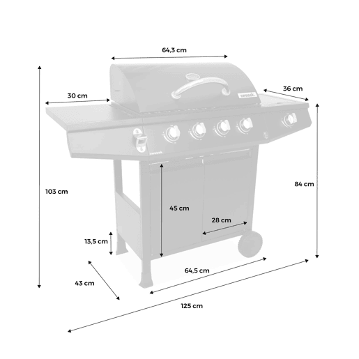 Barbecue a gás de 5 queimadores com 1 fogo lateral, Treville 5, Preto, 125x43.5x103 cm Barbecue a gás de 5 queimadores com 1 fogo lateral, Treville 5, Preto, 125x43.5x103 cm
