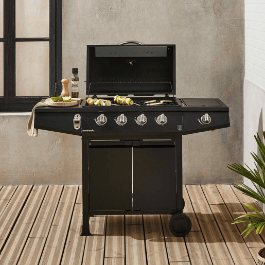Barbecue a gás de 5 queimadores com 1 fogo lateral, Treville 5, Preto, 125x43.5x103 cm Barbecue a gás de 5 queimadores com 1 fogo lateral, Treville 5, Preto, 125x43.5x103 cm