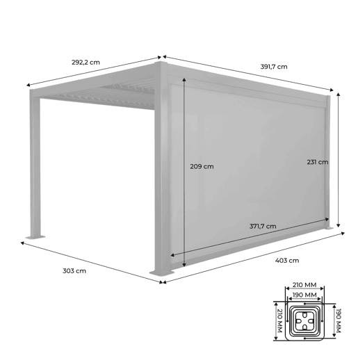 Pérgola bioclimática 3x4m de alumínio e aço + toldo 4m, Palace 3x4m + acessório, Antracite, 392x292x224 cm