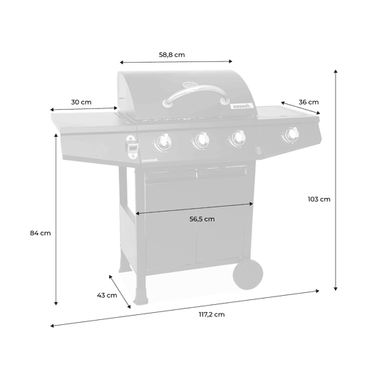 Barbecue a gás de 3 queimadores com 1 queimador lateral, Treville Espreguiçadeira, Preto, 117.2x43.5x103 cm