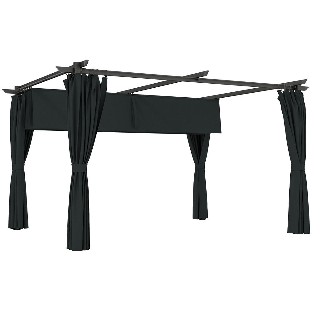 Outsunny pérgola de jardín con techo retráctil pérgola 4x3 m con paredes laterales cenador con tela de poliéster anti-uv resistente al agua pabellón para patio terraza gris oscuro