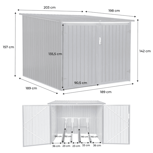 Abrigo de bicicleta em aço galvanizado com kit de ancoragem, 4 bicicletas, Nave, Cinza, 203x198x157 cm