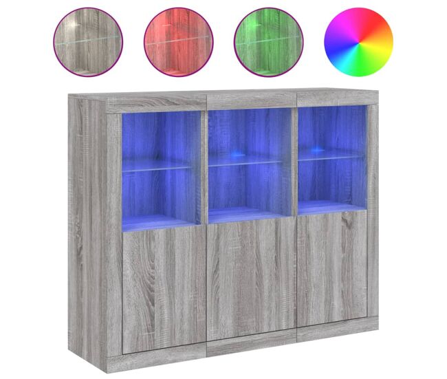 Vidaxl aparador con luz led 3 pzas madera de ingeniería gris sonoma
