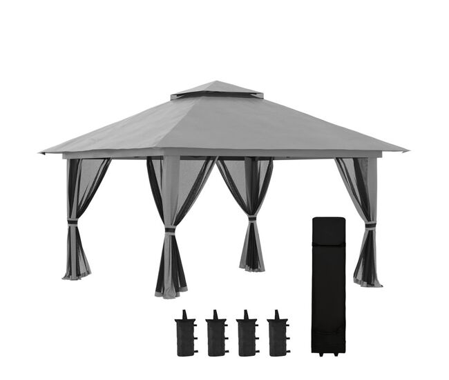 Outsunny carpa plegable pop-up 4x4x2,8 m cenador de jardín con paredes altura ajustable anti-uv impermeable doble techo mosquiteras y bolsa de ruedas