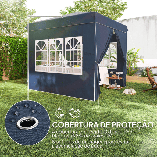 Outsunny Tenda Dobrável Pop-Up Tenda 248x248x270 cm com 4 Paredes Laterais Anti-UV Altura Ajustável e Bolsa de Transporte para Campismo Festas Azul Escuro