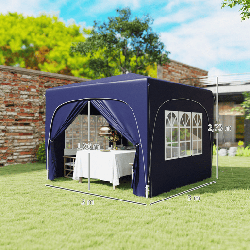 Outsunny Tenda Dobrável Tenda 3x3 m com Painéis Laterais UPF50+ Tenda de Jardim com Altura Ajustável e Bolsa de Transporte para Campismo Festas Pátio Azul Escuro Outsunny Tenda Dobrável Tenda 3x3 m com Painéis Laterais UPF50+ Tenda de Jardim com Altura Ajustável e Bolsa de Transporte para Campismo Festas Pátio Azul Escuro