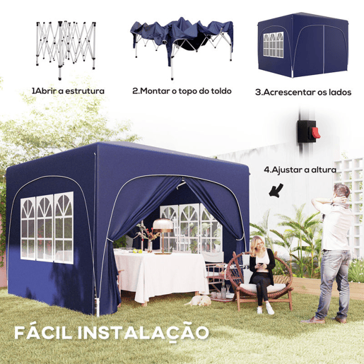 Outsunny Tenda Dobrável Tenda 3x3 m com Painéis Laterais UPF50+ Tenda de Jardim com Altura Ajustável e Bolsa de Transporte para Campismo Festas Pátio Azul Escuro Outsunny Tenda Dobrável Tenda 3x3 m com Painéis Laterais UPF50+ Tenda de Jardim com Altura Ajustável e Bolsa de Transporte para Campismo Festas Pátio Azul Escuro