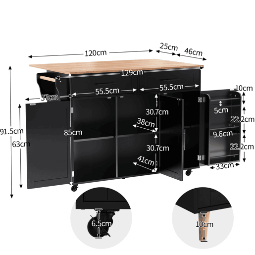 Aparador com consola rebatível - 2 gavetas + portas de armário - Preto