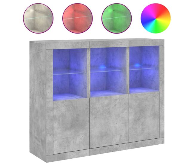 Vidaxl aparador con luz led 3 pzas madera de ingeniería gris hormigón