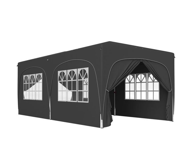 Outsunny carpa plegable 3x6 m, cenador pabellón de jardín con altura ajustable de 3 niveles, 4 paredes laterales, ventanas y bolsa transporte, upf50+, impermeable para fiestas, exterior, gris oscuro